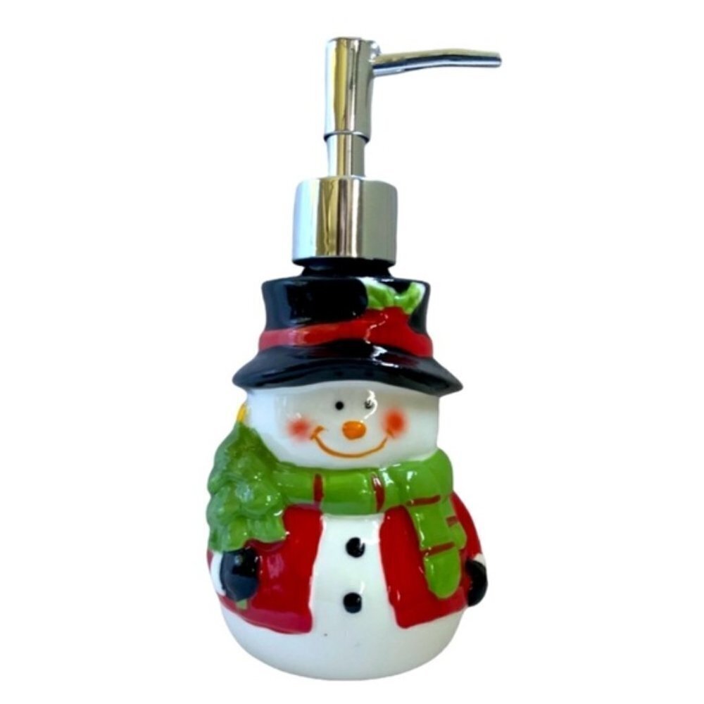 Snowman Ceramic Soap Lotion Pump Dispenser Glazed Hand Painted Christmas Festive